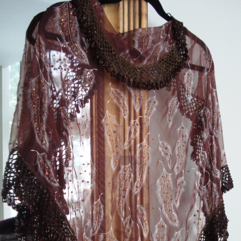 Heavy Beaded Shawl, Leaf Design, Brown Rust Color Rhinestones, Ladies Wrap Scarf